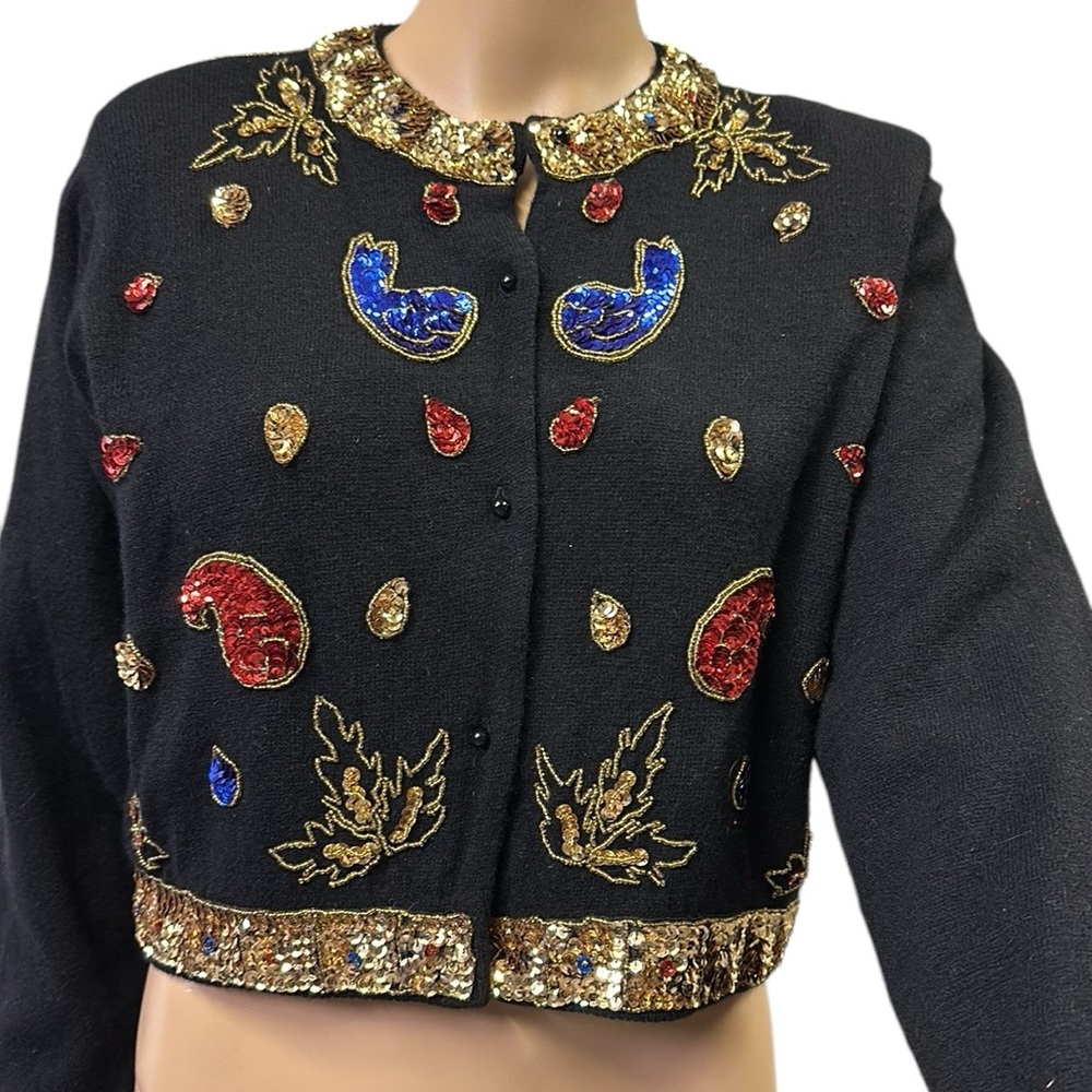 Lambs Wool Angora Black Colorful Cardigan Bead Sequin Embellished Sweater M